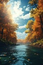 Vertical panorama, vertorama of bright autumn forest and river. With Generative AI technology Royalty Free Stock Photo