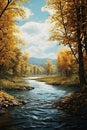 Vertical panorama, vertorama of bright autumn forest and river. With Generative AI technology Royalty Free Stock Photo