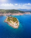 Vertical panorama view to the lighthouse of Gythio, Greece Royalty Free Stock Photo