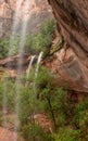 A vertical panorama of the waterfalls at the lower Emerald pool in Zion national park after a night of heavy rain Royalty Free Stock Photo