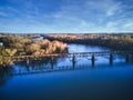 An aerial view of an old railroad trestle crossing the Catawba river in South Carolina, USA.