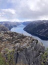 Vertical panoramic view of Norwegian fjord Lysefjord or Lysefjorden. Norway sea landscape. Norge scenery