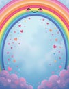 A vertical pastel illustration with a smiling rainbow arching across the upper frame and tiny hearts Royalty Free Stock Photo