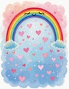 A vertical pastel illustration with a smiling rainbow arching across the upper frame and tiny hearts Royalty Free Stock Photo