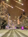 VERTICAL: People exploring festive streets of Ljubljana on cold December evening