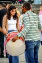 Vertical of people playing halay with drum and zurna on Ten-eyed bridge in Diyarbekir, Turkey