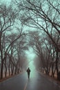 Vertical of a person walking in the middle of a foggy road surrounded by arched trees Royalty Free Stock Photo