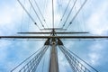 Vertical perspective view of a tall mast spar with ropes and boms on a tall ship with blue sky Royalty Free Stock Photo