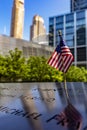 Vertical photo of an American flag at the memorial of the World Trade Center. Royalty Free Stock Photo