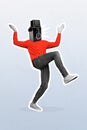 Vertical photo artwork collage of young headless funny guy cameraman dancing enjoy photo snapshot filming on