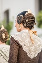 Back of a fallera, detail of the classic hairstyle of the fallas, with its comb and jewels