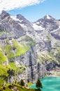 Vertical photo of beautiful Oeschinensee lake by Kandersteg, Switzerland. Turquoise lake surrounded by steep mountains and rocks.