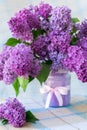 Vertical photo of a bouquet of flowers with lilac petals and green leaves in a vase with a bow on a table Royalty Free Stock Photo