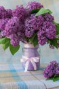 Vertical photo of a bouquet of flowers with lilac petals in a vase with a bow on a table with a checkered tablecloth Royalty Free Stock Photo