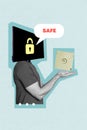 Vertical photo collage of anonym man instead head monitor screen hold memory data disk lock password access isolated on