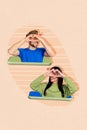 Vertical photo collage artwork of young digital family spouses love couple show fingers love heart symbol phone display