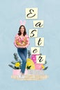 Vertical photo collage banner standing young cheerful girl rabbit ears costume theme party basket easter holiday