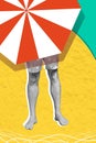 Vertical photo collage of black white guy legs standing on beach chest covered white red striped umbrella on vacation Royalty Free Stock Photo