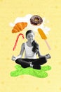 Vertical photo collage of calm teenage girl do yoga meditation hunger dessert donut croissant lollipop donut isolated on