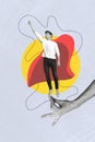 Vertical photo collage of confident superman costume guy raising hand flight motivation dreamer fantasy held by hand on