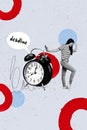 Vertical photo collage of crazy girl hand hold head huge alarm clock deadline bubble text limit time expire isolated on