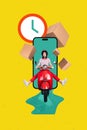 Vertical photo collage of crazy scooter driver woman delivery courier fast speed shipping track timer app isolated on