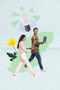 Vertical photo collage creative design illustration of young man hold laptop communicate with woman decide lamp isolated