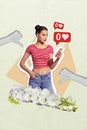 Vertical photo collage creative image of young blogger dissatisfied her social media feedback unpopularity isolated on Royalty Free Stock Photo