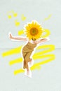 Vertical photo collage 3d illustration of funny positive headless girl sunflower instead of head dancing isolated Royalty Free Stock Photo