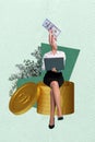 Vertical photo collage design artwork of headless workaholic business lady trader receive much crypto dollars 