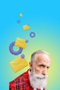 Vertical photo collage of doubtful old pensioner watch suspicious receive messages notifications letter isolated on