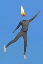 Vertical photo collage of flying woman with burning head becoming fenix bird eccentric unusual theme party look