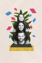 Vertical photo collage of funny family portrait mom dad daughter heads pile hug celebrating holiday together on abstract