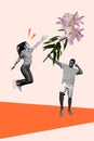 Vertical photo collage of funny girl jump to take bunch of lily flowers from boyfriend march anniversary gift on pastel