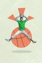 Vertical photo collage of funny shocked young man play basketball jump high hold ball preparing to throw it on beige