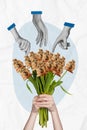 Vertical photo collage of hand hold bouquet tulips instead bud money dollars bag greeting gift woman day  on Royalty Free Stock Photo