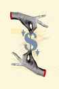 Vertical photo collage of hand hold dollar sign emblem currency inflation bankrupt recession arrow down isolated on Royalty Free Stock Photo