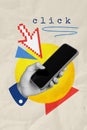 Vertical photo collage of hand hold iphone device modern technology mouse click cursor freelance work isolated on