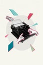 Vertical photo collage of hands type book story use typewriter machine push buttons letters print novel isolated on