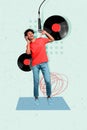 Vertical photo collage of happy american guy sing mic listen headphones vinyl retro plate record concert isolated on Royalty Free Stock Photo
