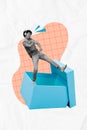 Vertical photo collage of happy dreamy american guy stand box dance headphones leisure sound listen music isolated on