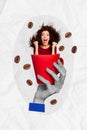 Vertical photo collage of happy excited girl peek large red coffee cup beans aroma espresso arabic natural isolated on Royalty Free Stock Photo