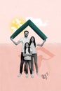 Vertical photo collage of happy family dad hold roof house mother daughter together harmony love adoption  on Royalty Free Stock Photo