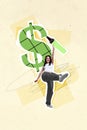 Vertical photo collage of happy girl hold highlighter paint dollar sign emblem graffiti currency money isolated on