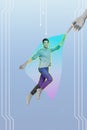 Vertical photo collage of happy man fly robot hand index finger cyberspace matrix technology ai intellect isolated on