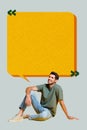 Vertical photo collage of happy man sit bubble talk communication speech chatterbox conversation cloud  on Royalty Free Stock Photo