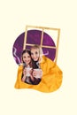 Vertical photo collage of happy mother daughter cover blanket cozy warmth hot drink tea coffee cup steam isolated on Royalty Free Stock Photo