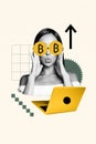 Vertical photo collage of happy rich woman bitcoin glasses gold crypto coin trader arrow up laptop growth isolated on Royalty Free Stock Photo