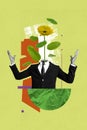 Vertical photo collage of headless man plant gerbera flower spring fantasy atmosphere businessman suit tie isolated on Royalty Free Stock Photo