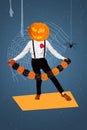 Vertical photo collage invite halloween party hold decor pumpkin jack headless angry character creepy wizard on